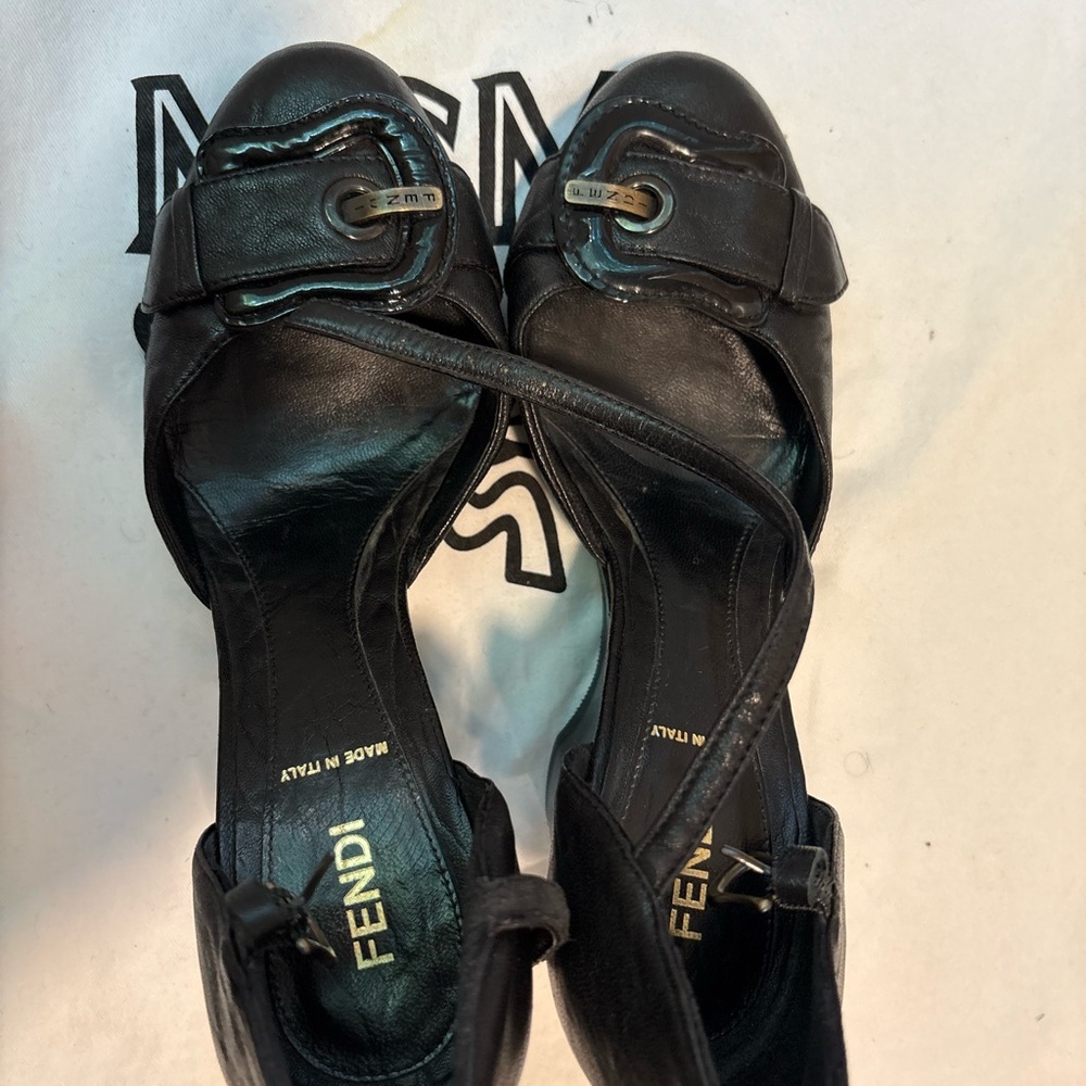Fendi Black Leather Logo Heeled Sandals EU 36 US 6